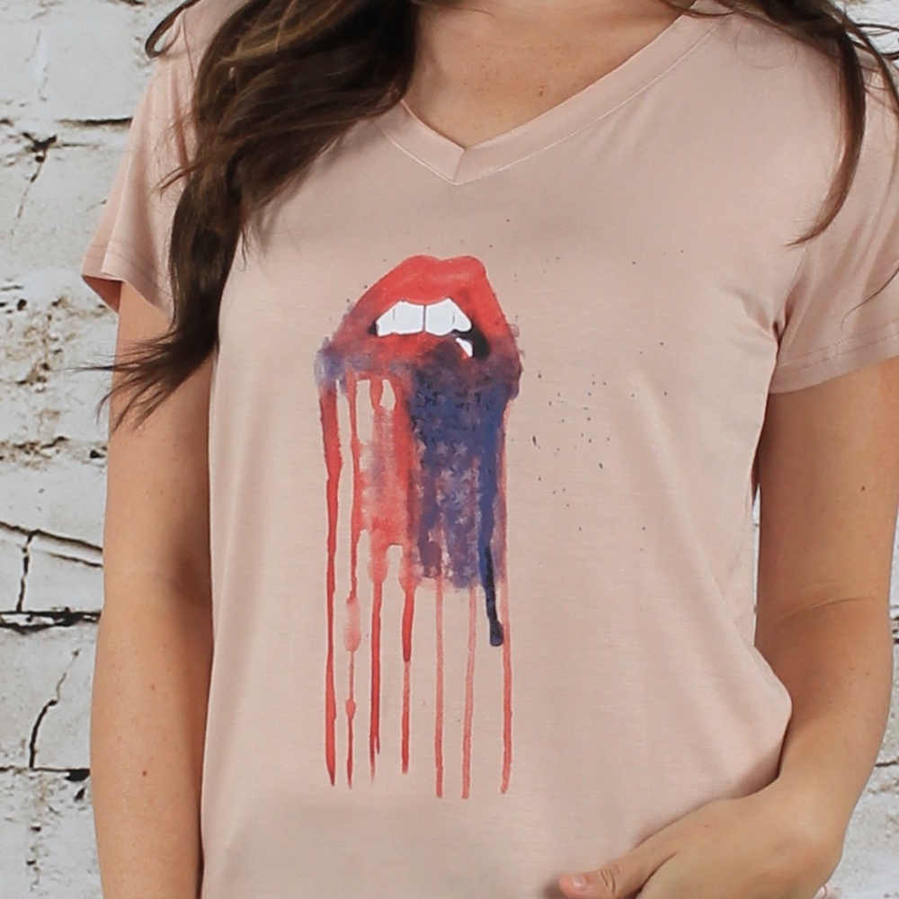 Pink V-Neck Short Sleeve Printed Art Tee